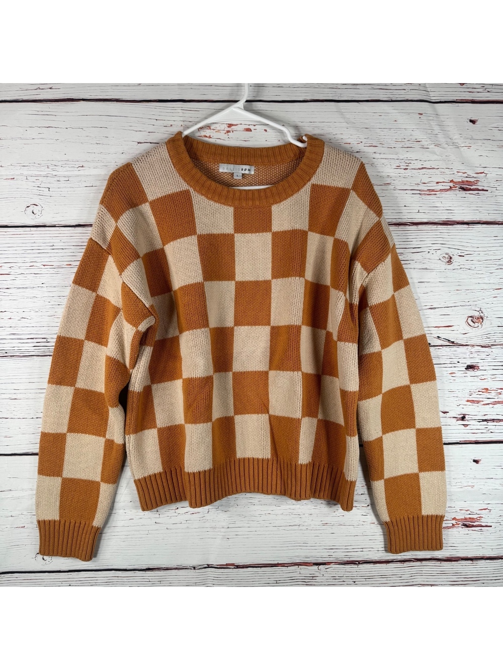Baltic Born Checkered Sweater in Brown and Cream, Size M